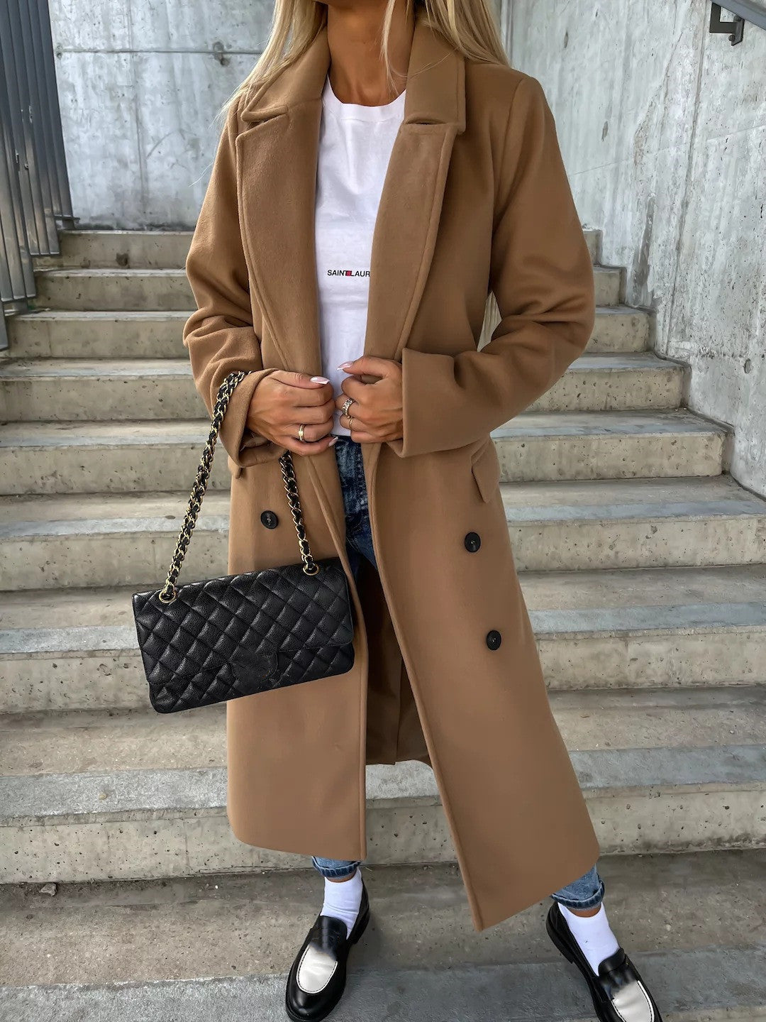 Lapel Split Belted Double-Breasted Coat