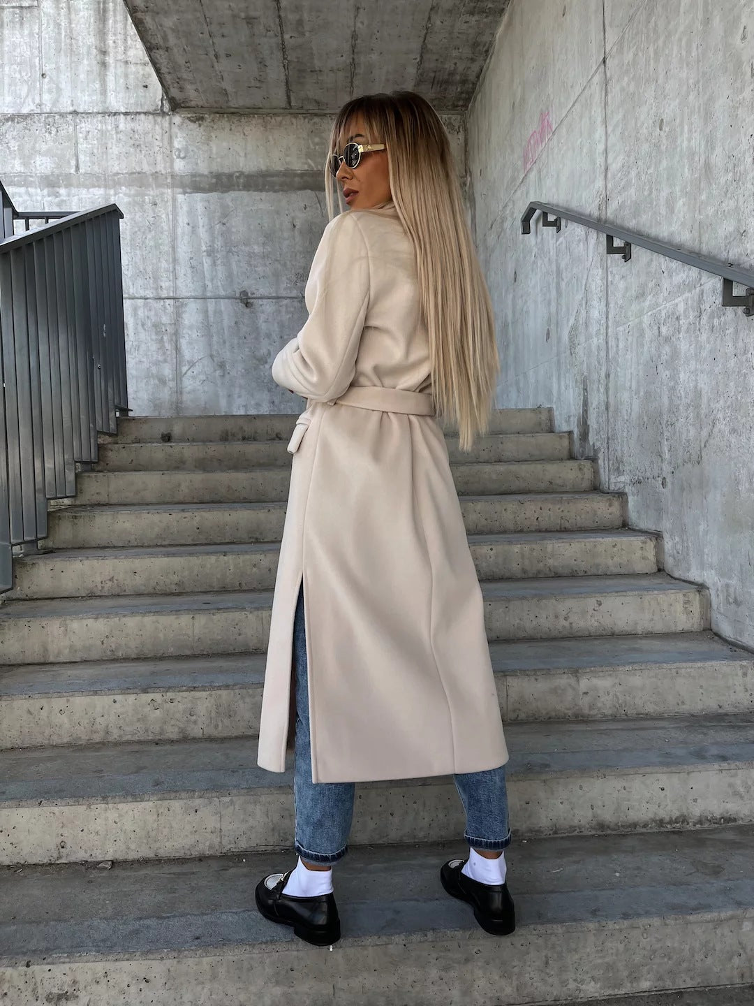 Lapel Split Belted Double-Breasted Coat