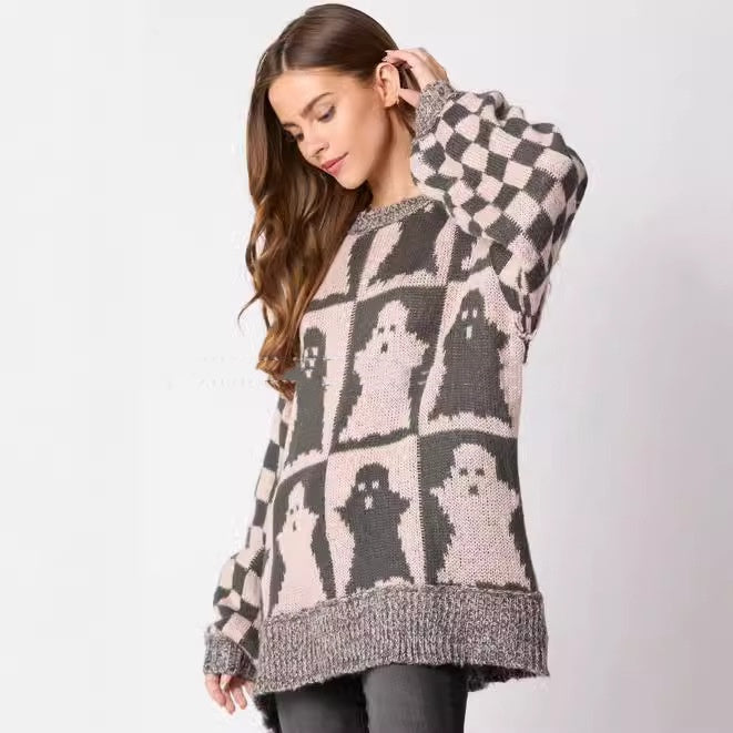Women's Halloween Ghost Plaid Crew Neck Sweater