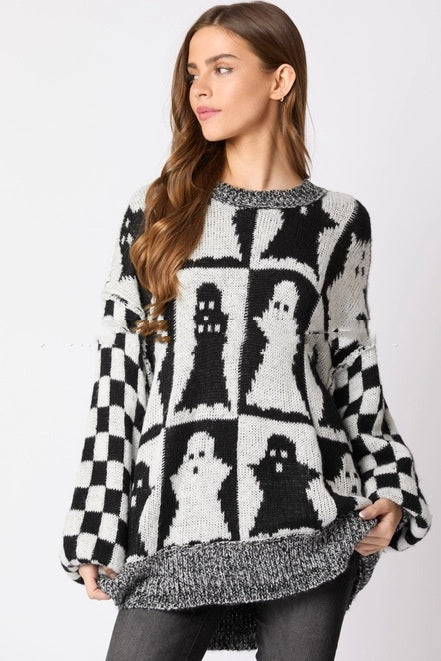 Women's Halloween Ghost Plaid Crew Neck Sweater