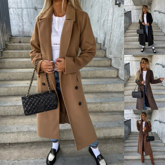 Lapel Split Belted Double-Breasted Coat