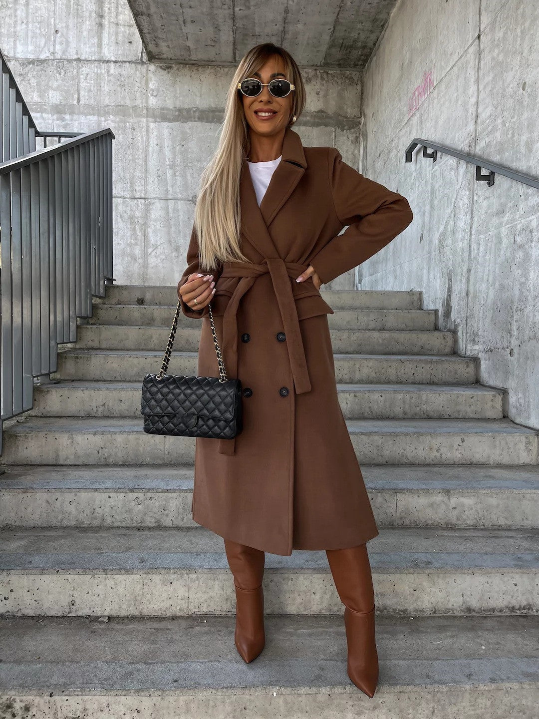 Lapel Split Belted Double-Breasted Coat