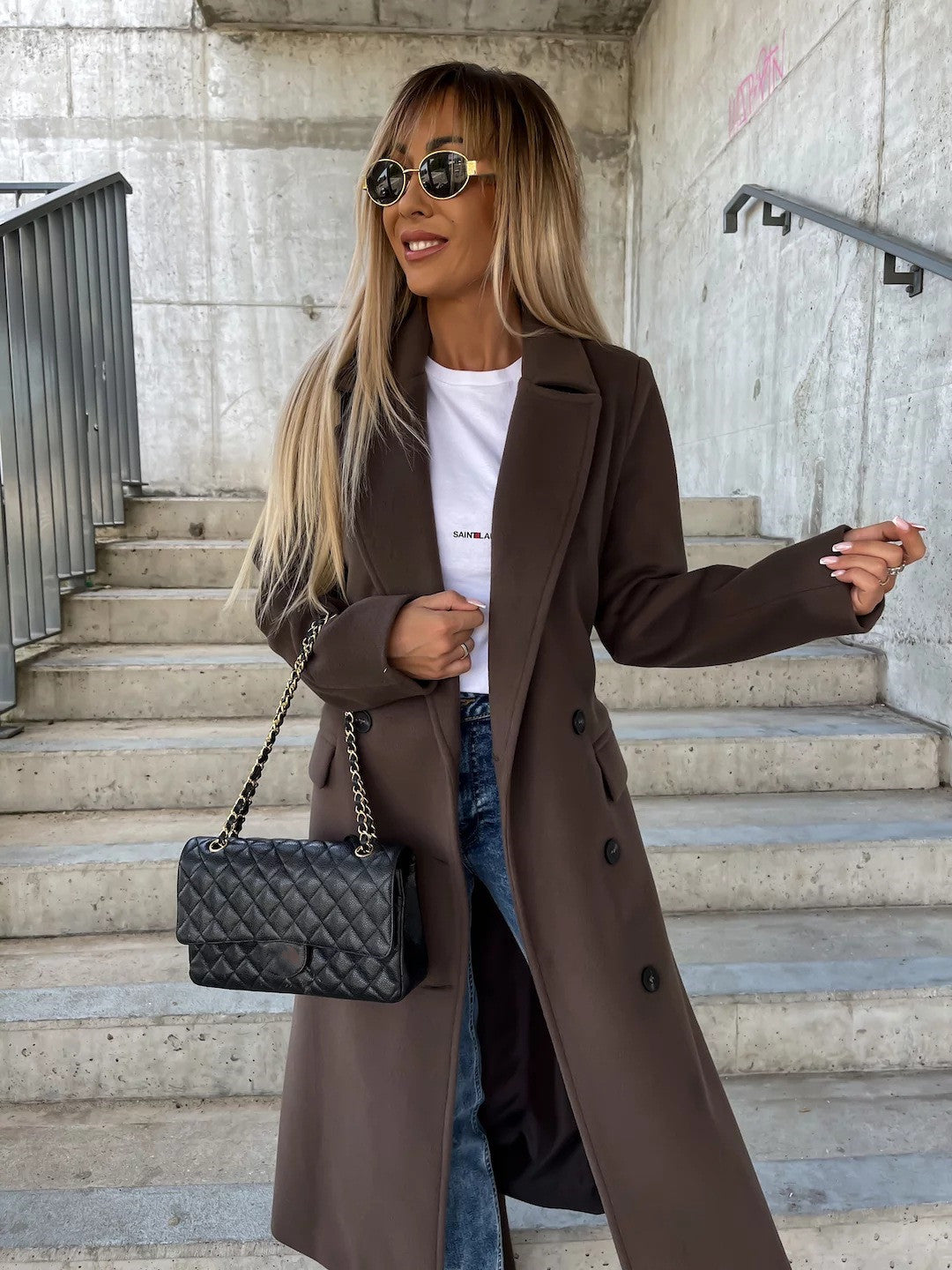 Lapel Split Belted Double-Breasted Coat