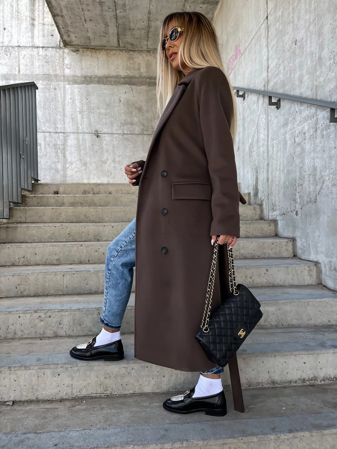 Lapel Split Belted Double-Breasted Coat
