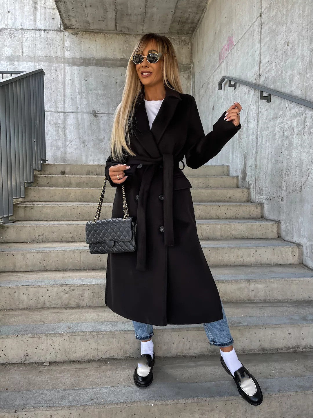 Lapel Split Belted Double-Breasted Coat