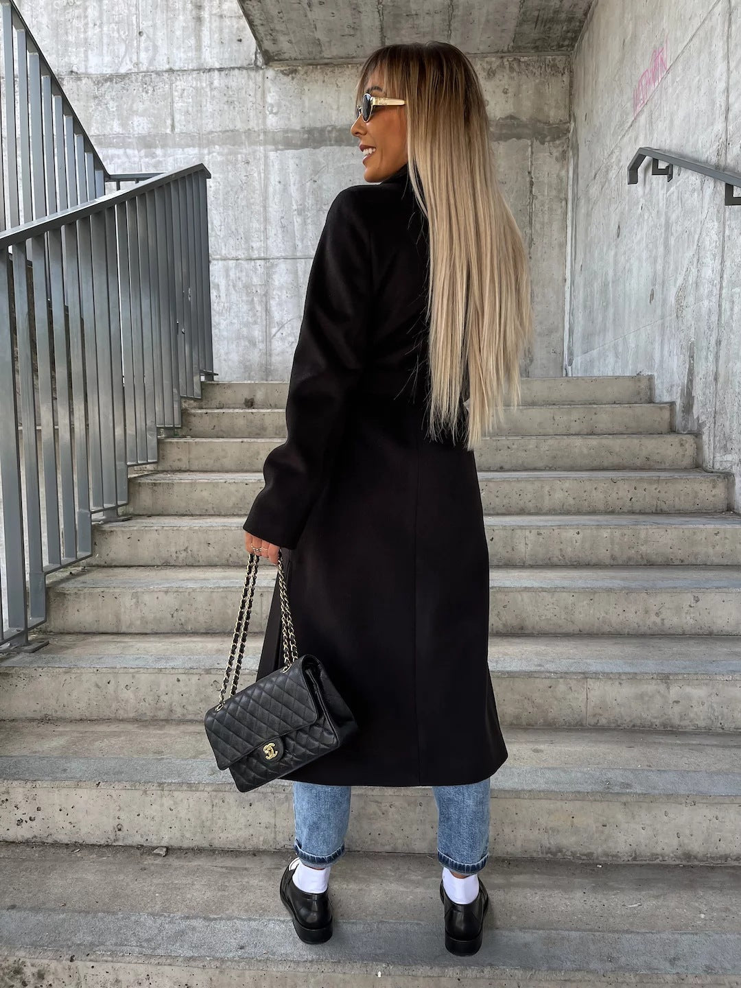 Lapel Split Belted Double-Breasted Coat