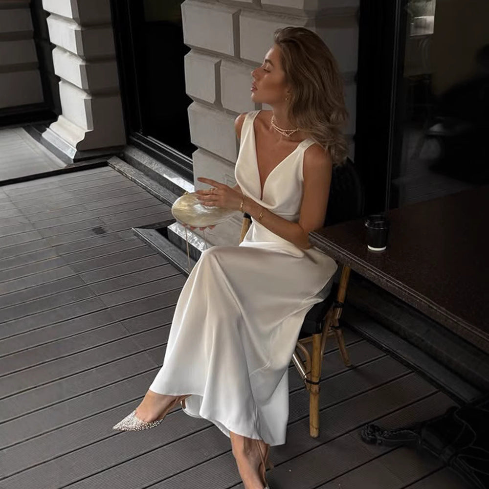 French Style Satin Sleeveless Dress