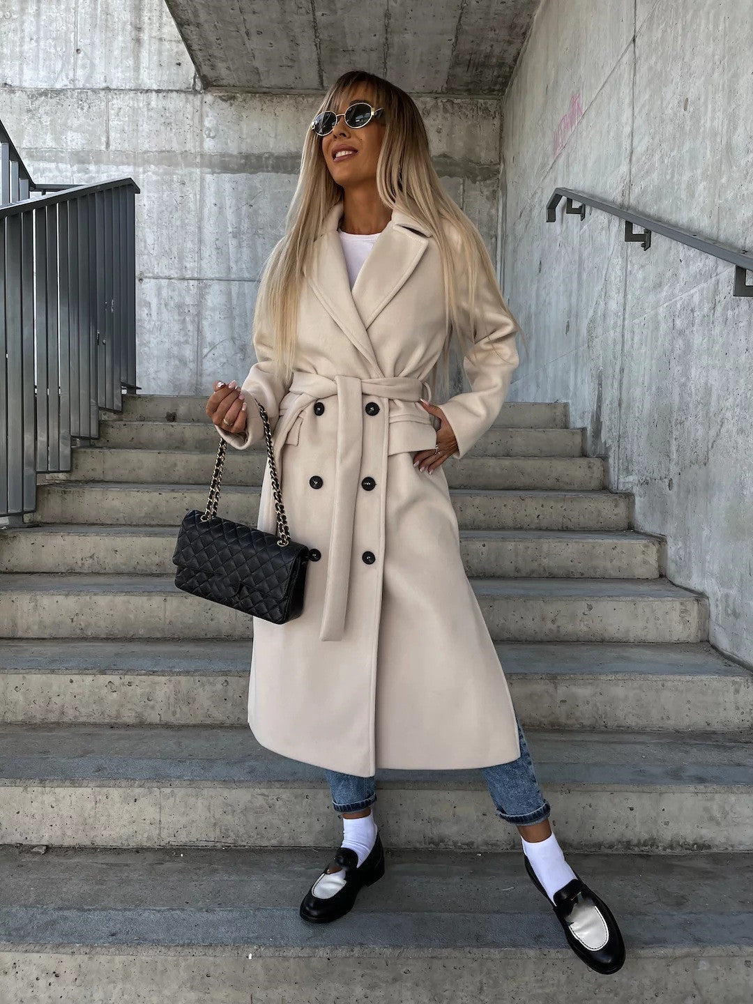 Lapel Split Belted Double-Breasted Coat