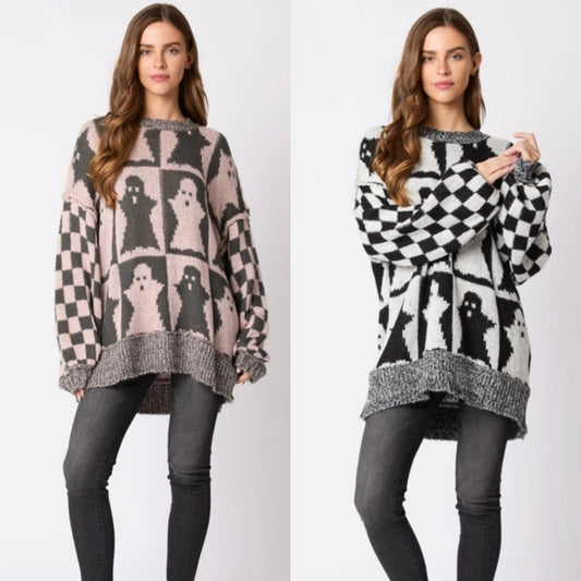Women's Halloween Ghost Plaid Crew Neck Sweater